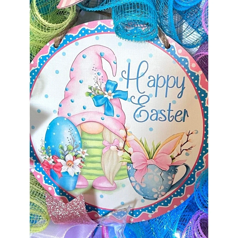 Handmade Easter Girl Bunny Gnome Prelit Ribbon Wreath 22 in LED W8